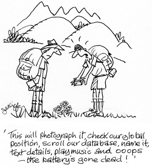 'This will photograph it, check our global position, scroll our database, name it, text details,play music and oops - the battery's gone dead.'