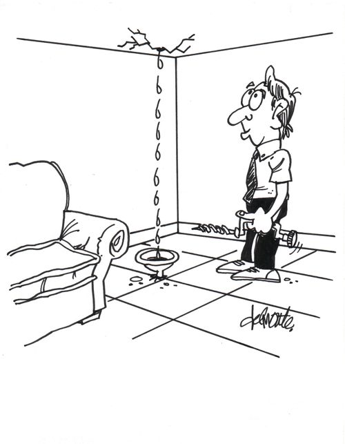 A man sees a leak in his ceiling and drills a hole in the floor under leak to by pass his apartment.