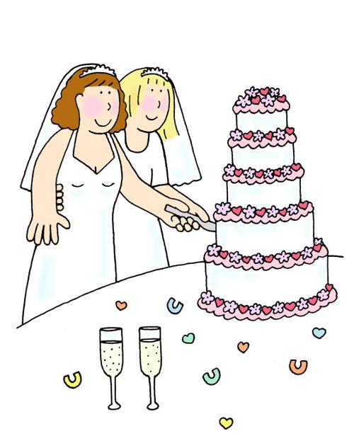 Two brides cutting the cake.