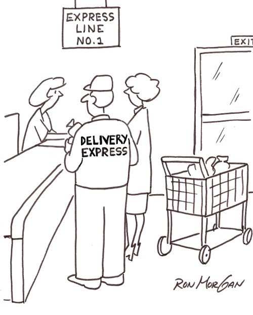 Delivery express man stands in Express line in store.