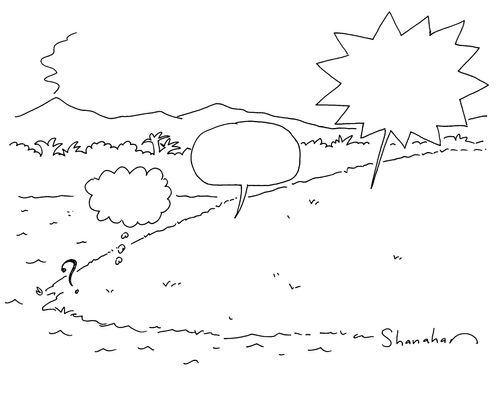 Question mark and different shaped thought and speech bubbles.