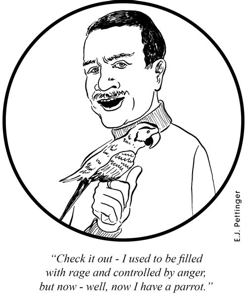 'Check it out - I used to be filled with rage and controlled by anger, but now - well, now I have a parrot.'