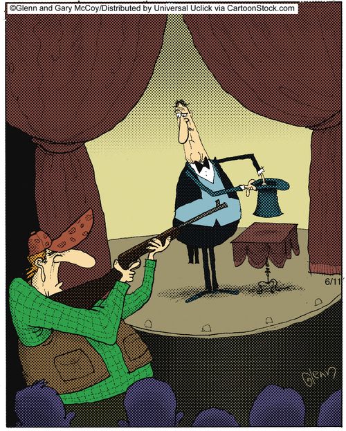 Hunter Prepares to Shoot Magician's White Rabbit.