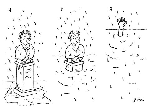 Statue flooded by rain is waving for help