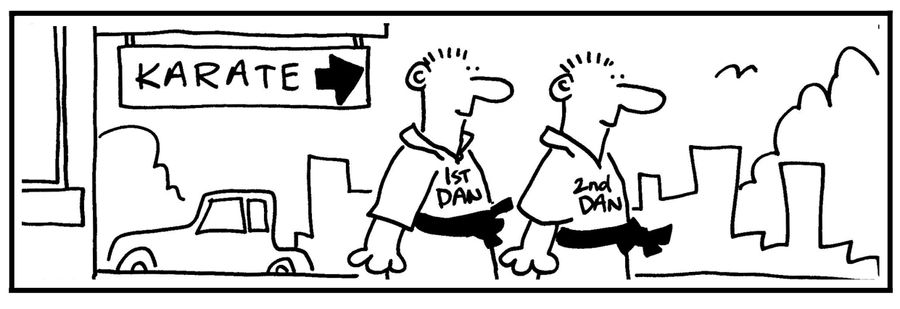 Two identical twins walk towards karate classes, one wearing '1st Dan' the second '2nd Dan'.