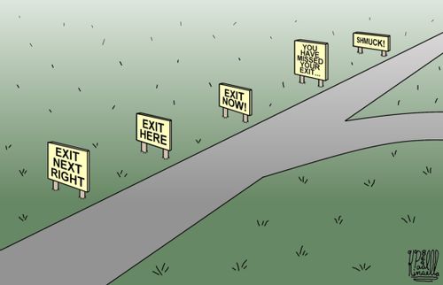 A series of Exit signs.