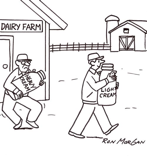 One dairy farm worker easily carries light cream can while one carrying heavy cream struggles.