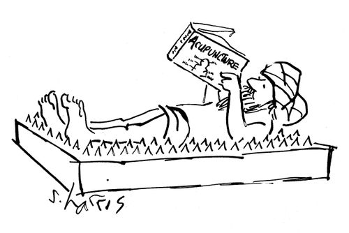 Fakir on bed of nails reads an 'Acupuncture' book.