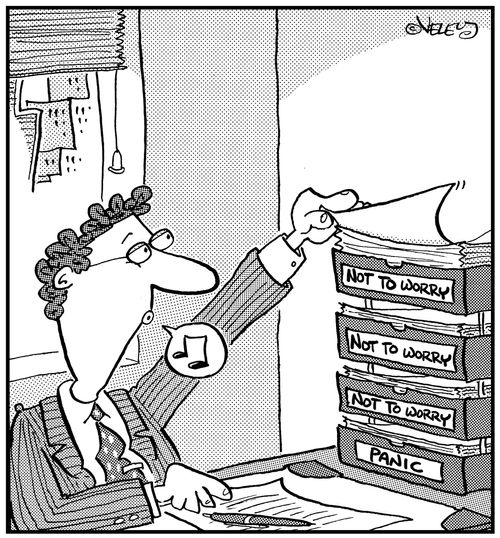 Desk bins: 'Not to worry, Not to worry, Not to worry, and PANIC.'
