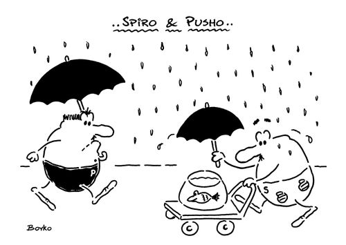 Spiro & Pusho: Walking a goldfish in the rain.