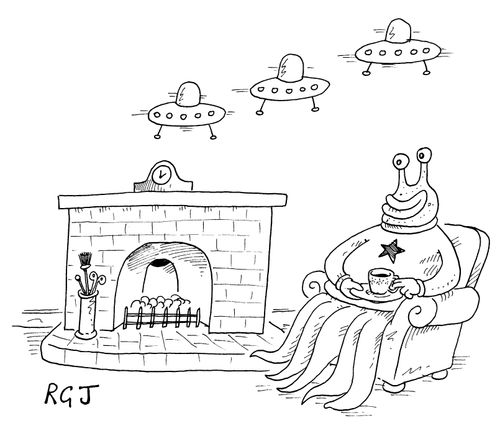 Alien with flying spaceships on wall instead of flying ducks