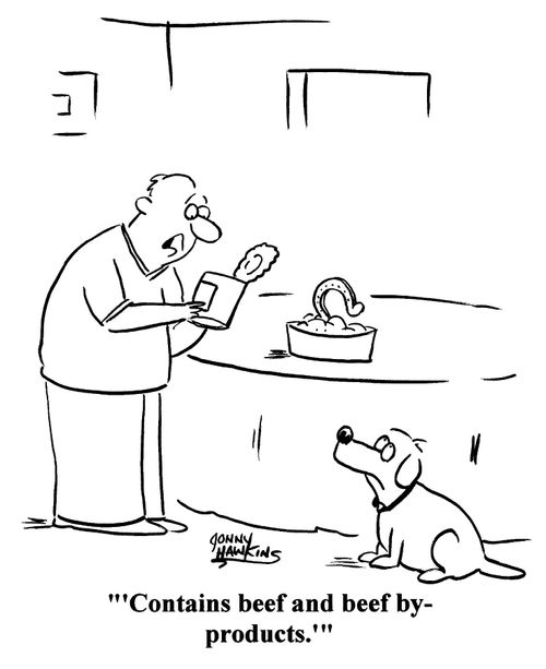 Man reading dog food can: Contains beef and beef by-products.