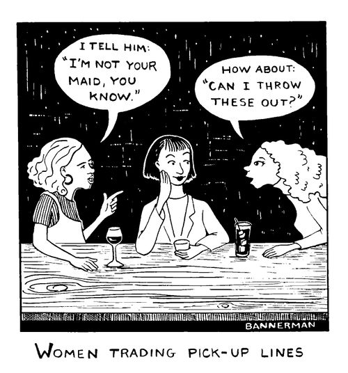 Women trading pick-up lines - How about, Can I throw these out of you?