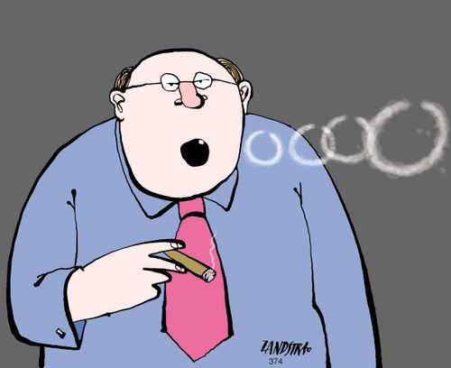Man with one tooth blowing smoke rings.