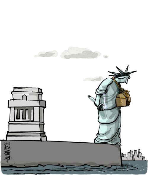 Statue of Liberty with chest of money tied around neck.