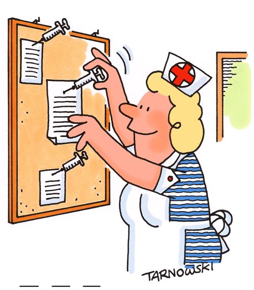 A nurse uses syringes on notice board.