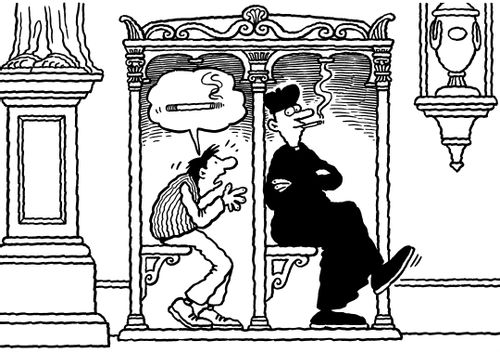 Confessing to a smoking priest about cigarettes.