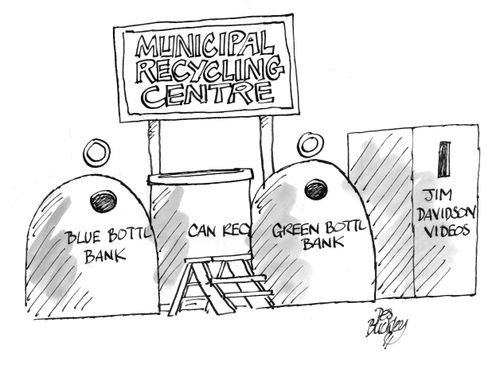 Recycling centre with a bin for Jim Davidson videos.