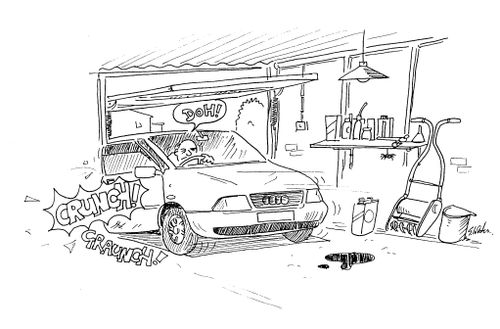 Crashing into the garage.