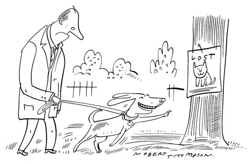 Grinning dog points at missing cat poster with glee
