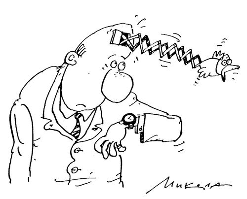 Man looking at watch while a cuckoo comes out of his head