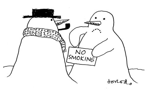 Snowman with 'No Smoking' sign.