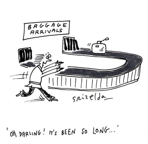Baggage Arrivals - Lone suitcase, woman crying 'Oh Darling! It's been so long...'