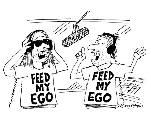 Band Aid-style rock stars wear T-shirts that read : 'Feed my ego'.