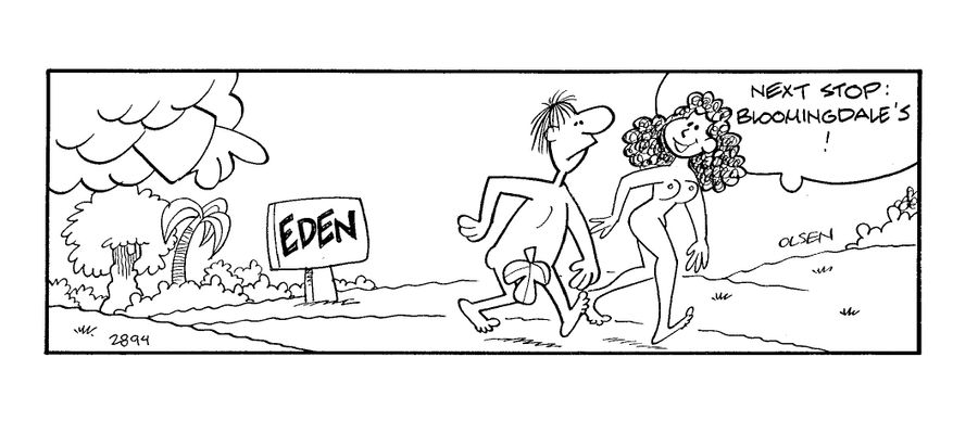Adam and Eve leave the Garden of Eden; 'Next stop, Bloomingdales!'