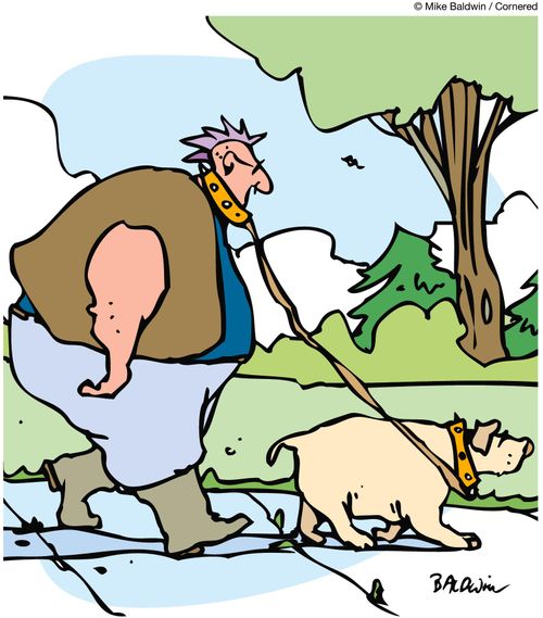 Punk walking a dog, lead is attached to his own dog collar.