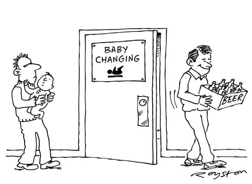 Man emerges from baby changing room, having changed his baby for a crate of beer.