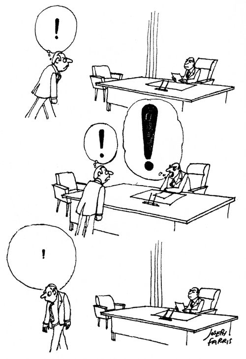 Boss and worker communicating in exclaimation marks.