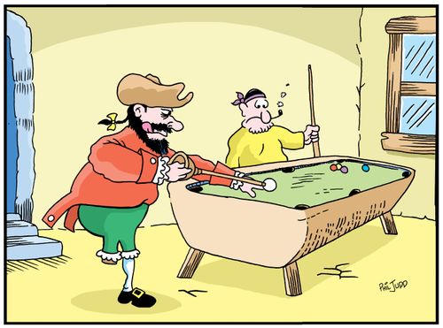 Pirate playing pool using his artificial leg as a pool stick.