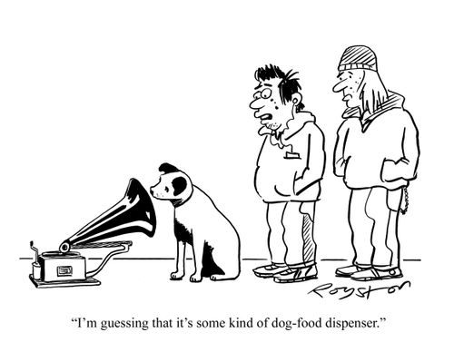 Dog stares into gramophone player. Young kid says: 'I'm guessing it's some kind of dog-food dispenser.'