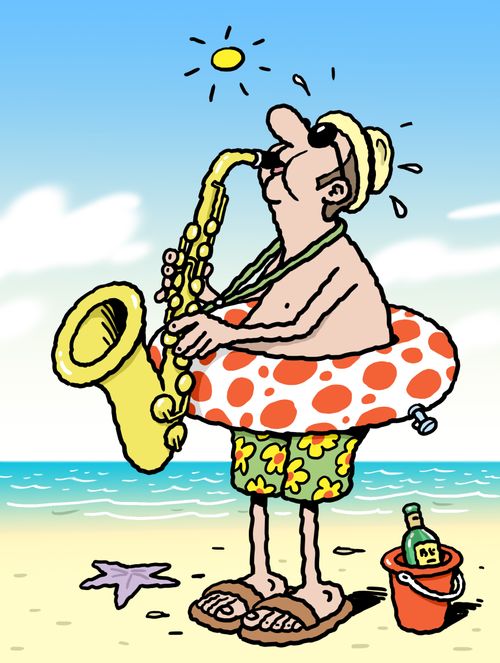 A fat saxophonist on the beach wearing a rubber ring.