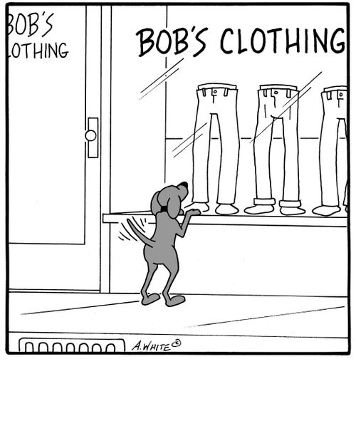 Dog lusting for mannequin legs.