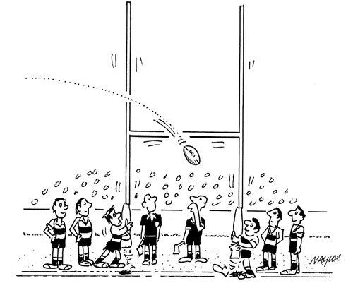 Rugby players moving goalposts for ball to go over.