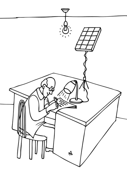 Writer is power his solar paneled lamp by the lightbulb in the ceiling.