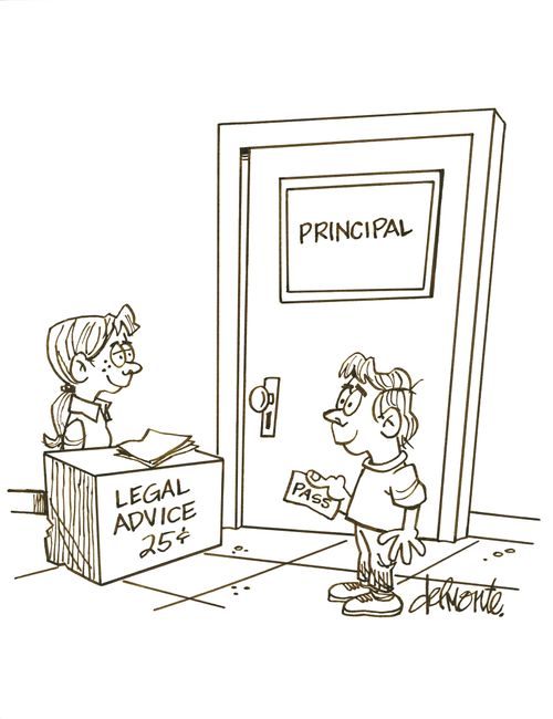 Kid on the way to pricipal's office see a girl in the hall with a stand setup to give legal advice.