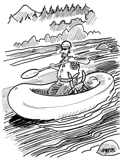 Man in a raft with a balloon animal.