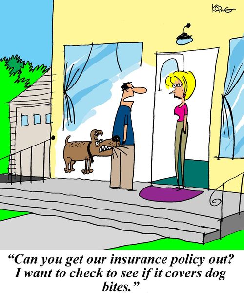'Can you get our insurance policy out? I want to check to see if it covers dog bites.'