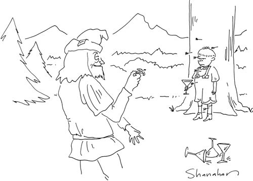 William Tell attempting to shoot olives of a boy's head with a tiny crossbow.