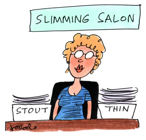 Slimming salon owner with 'stout' and 'thin' boxes on desk