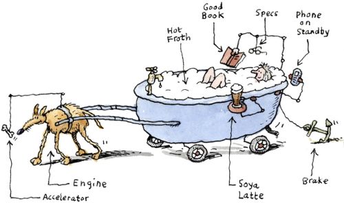 A dog pulling a bubble bath on wheels. A woman reads in the bath