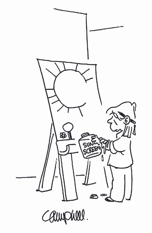 Little girl drawing big sun puts on sunscreen.