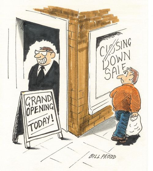 Grand Opening and Closing Down Sale simultaneously occurring.