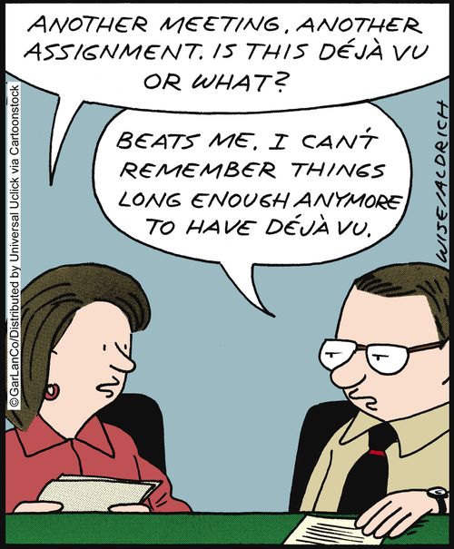 'Another meeting. Another assessment. Is this deja vu or what?' 'Beats me. I can't remember things long enough anymore to have deja vu.'