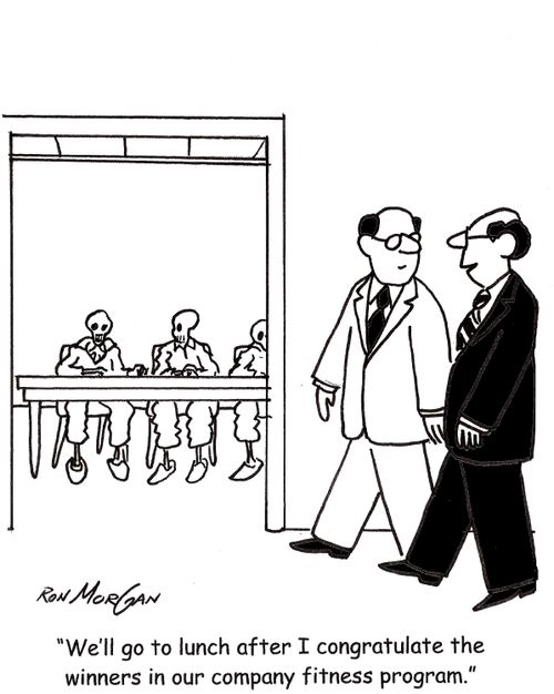 'We'll go to lunch after I congratulate the winners of our company fitness program.'