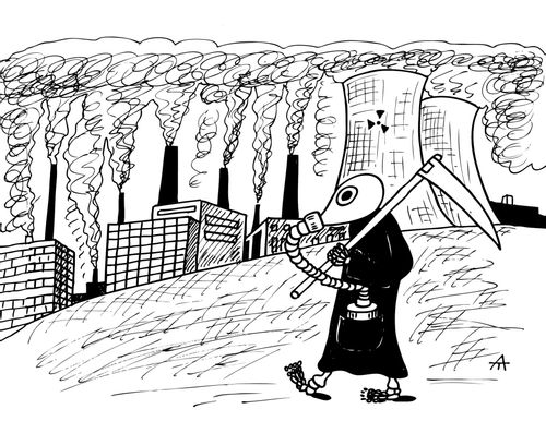 Grim Reaper walks through an urban environment wearing a gas mask.               