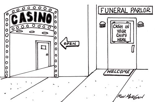 A funeral parlor next to a casino has a sign saying 'Cash In Your Chips Here.'
